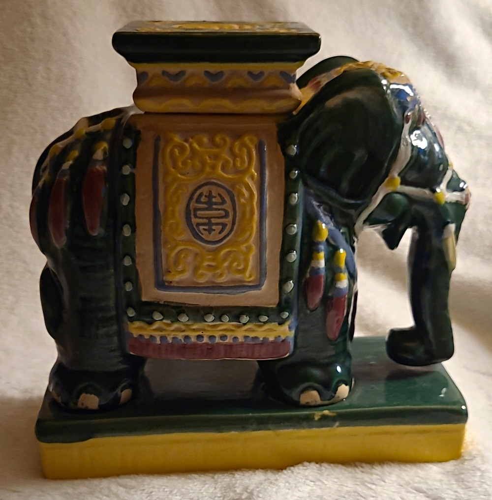 VTG Artasia Emerald Green Ceramic Elephant Plant Stand Vase Figurine Chinoiserie
